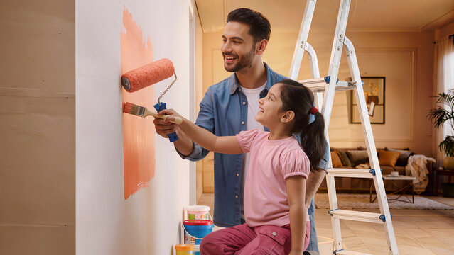 Happy Indian father and little daughter painting wall orange during home renovation project