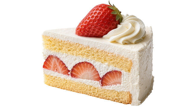 Fluffy sponge cake slice with fresh strawberries and whipped cream, isolated on transparent background