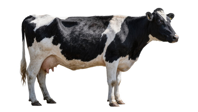 Black and white Holstein cow with udder, isolated on transparent background