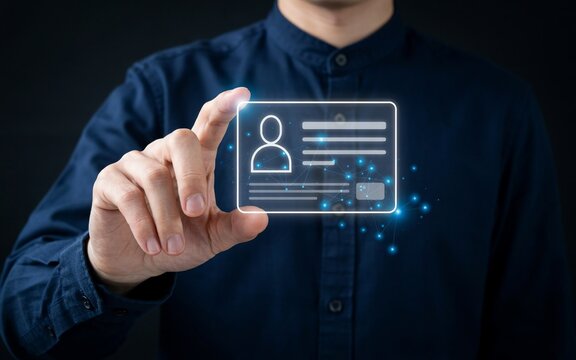 Man in dark blue shirt touching a glowing digital identification card hologram