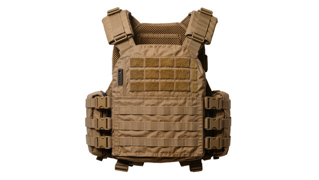 Tan tactical plate carrier vest with MOLLE webbing and pouches, isolated on transparent background