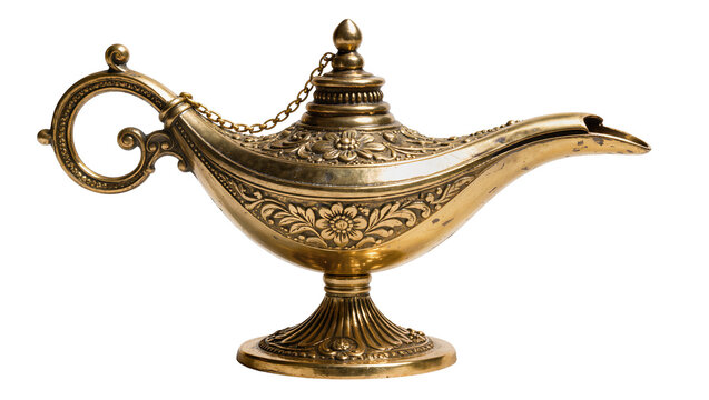 Ornate antique brass genie lamp with intricate floral carvings, isolated on transparent background