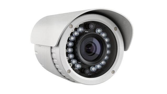 White bullet security camera with infrared LEDs, isolated on transparent background