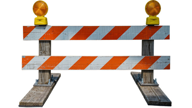 Orange and white striped construction barrier with yellow lights, isolated on transparent background