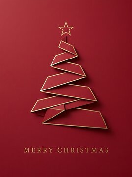 Minimalist origami christmas tree illustration on red background
