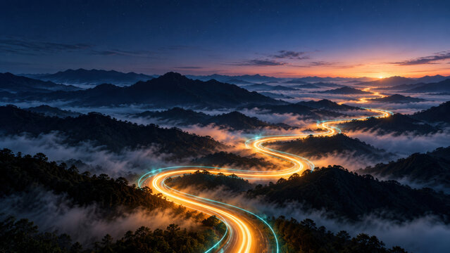 Winding road with glowing lights cuts through misty mountains at sunset, symbolizing ai governance and guardrails guiding progress safely