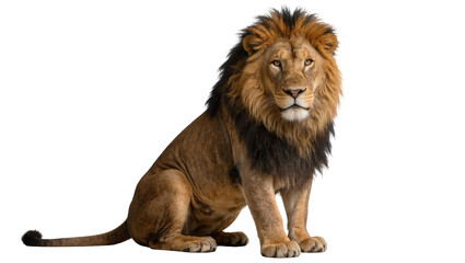 Majestic male lion with dark mane sitting regally, isolated on transparent background © Aliona