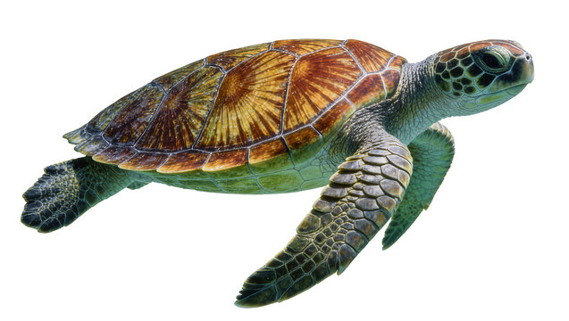 Green sea turtle swimming gracefully, isolated on transparent background