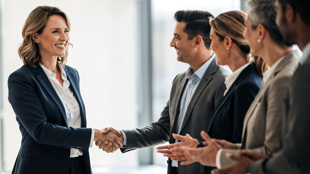 Lovely Caucasian businesswoman saying goodbye to clients after meeting in modern office, warm handshake or friendly wave gesture, genuine smile and positive body language.