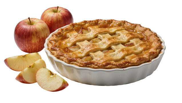 Golden brown lattice apple pie with whole apples and slices, isolated on transparent background