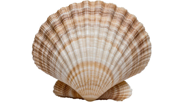 Natural brown and white striped scallop shell, isolated on transparent background