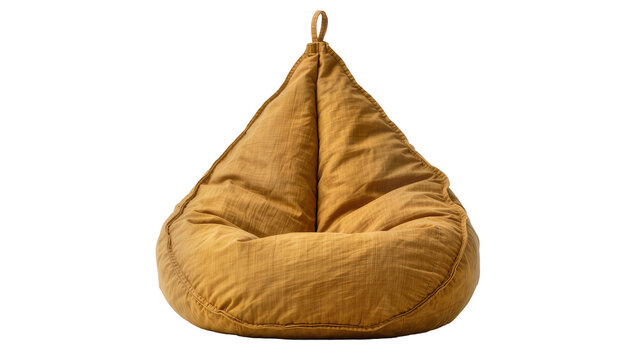 Comfortable mustard yellow bean bag chair with loop handle, isolated on transparent background