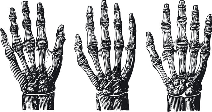 vintage engraving of human skeletal hands in different positions detailed anatomy study