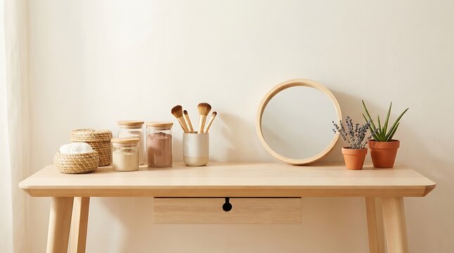 Wooden dressing table with makeup brushes mirror and small potted plants in a bright cozy home bedroom. eco-sustainable makeup tutorial