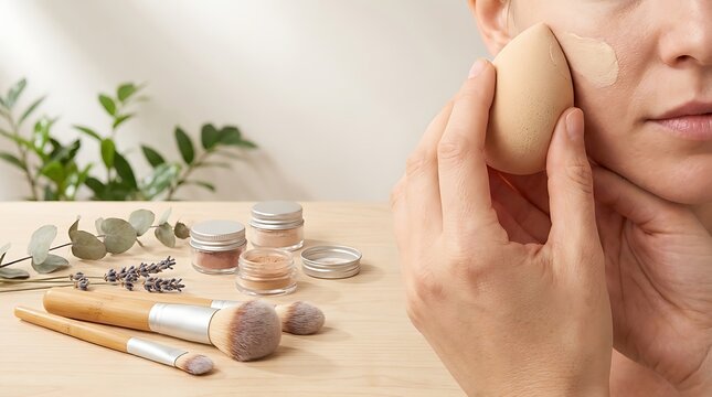 Woman applying makeup with a soft sponge and beauty brushes on a bright table with green plant leaves. eco-sustainable makeup tutorial