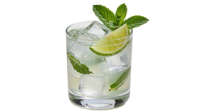 Refreshing clear cocktail with ice lime and mint leaves, isolated on transparent background