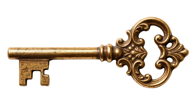 Antique ornate brass skeleton key with intricate scrollwork, isolated on transparent background