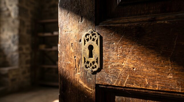 Close-up of an ornate vintage brass keyhole on a weathered old wooden door with warm sunlight streaming across the surface.
