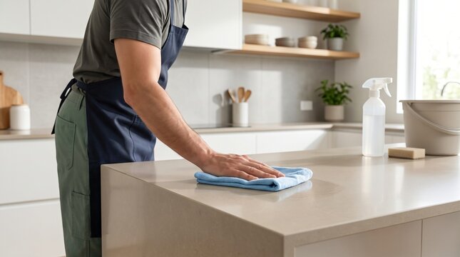Male cleaner wiping kitchen island surface with blue microfiber cloth, domestic housekeeping hygiene service, professional janitorial chores sanitation and property maintenance in modern apartment