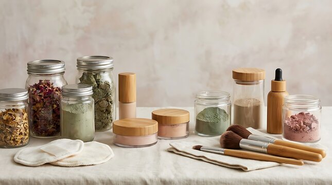 Natural organic beauty products in glass jars with bamboo lids and makeup brushes on a table. eco-sustainable makeup tutorial