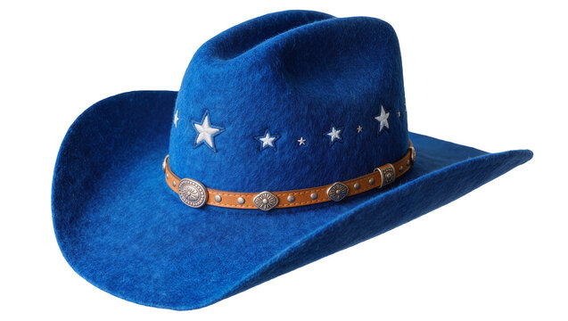 Blue felt cowboy hat with embroidered stars and silver conchos, isolated on transparent background