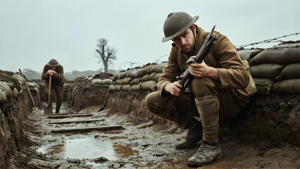Obraz premium Soldier in World War I trenches holding rifle and preparing for combat