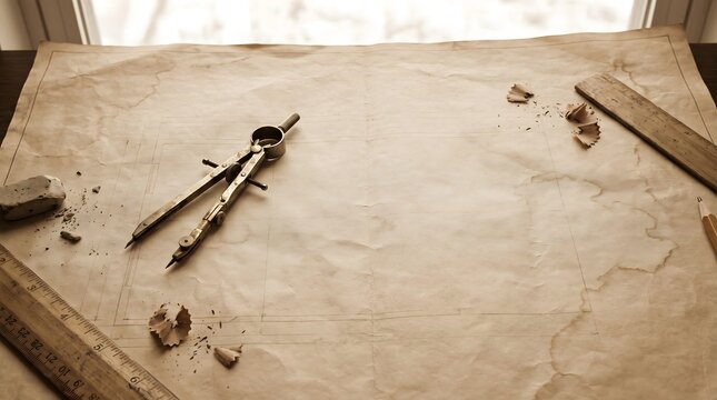 Vintage drafting compass and wooden ruler on aged parchment paper, architectural design and planning concept.
