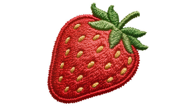 Red embroidered strawberry with green leaves, isolated on transparent background