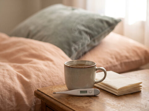 Digital Thermometer, Herbal Tea and Tissues on Bedside Table, Sick Day Recovery at Home Still Life