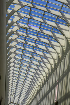 Dynamic white arched ribs frame blue-tinted glass panels in rhythmic pattern; interplay of light and shadow creates sleek, futuristic mood