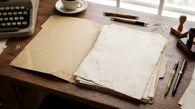 Open manila folder with blank aged paper sheets on a wooden desk next to a vintage typewriter, pens, and rubber stamps.