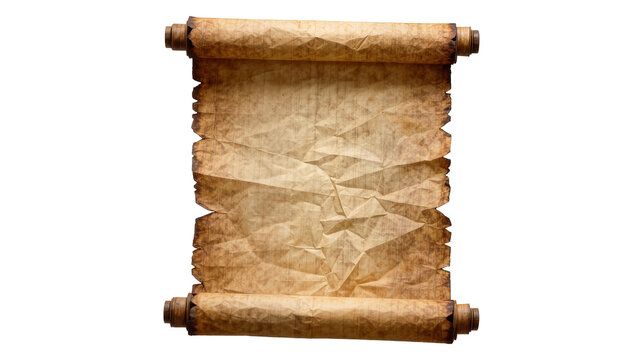 Antique parchment scroll with wooden rollers aged paper texture, isolated on transparent background