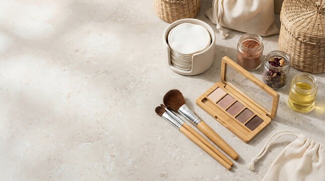 Natural bamboo makeup brushes and eyeshadow palette with beauty products on a light stone surface. eco-sustainable makeup tutorial