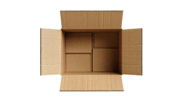 Open cardboard box with internal dividers, isolated on transparent background