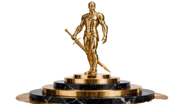 Golden muscular warrior statue with sword on tiered marble and gold pedestal, isolated on transparent background