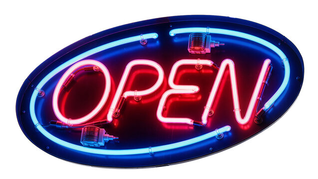 Oval neon sign with red OPEN lettering and blue outline, isolated on transparent background