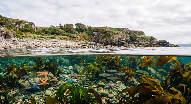 Split Over Under View of Rugged Rocky Coastline and Clear Water Underwater Kelp Forest