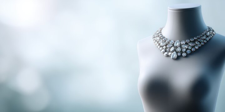 A sleek, dark background highlights a mannequin?s neck, adorned with a dazzling, multi-tiered diamond necklace. The necklace features large, pear-shaped diamonds and a shimmering, 