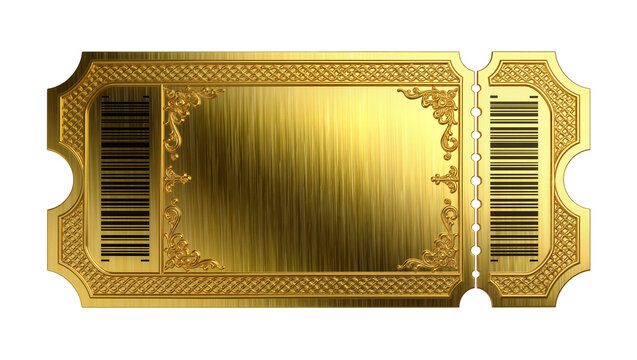 Ornate golden ticket with barcode and decorative border, isolated on transparent background