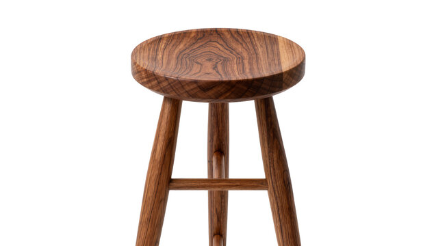 Round wooden stool with three legs and crossbars, isolated on transparent background