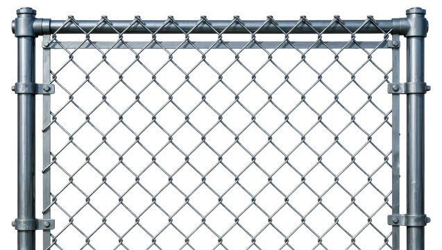 Galvanized metal chain link fence section with diamond pattern, isolated on transparent background