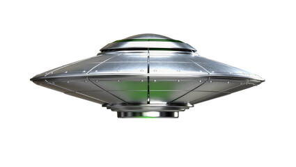 Metallic flying saucer with green lights, isolated on transparent background © Corotaev