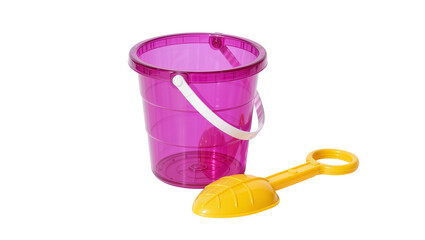 Translucent purple plastic bucket with white handle and yellow shovel, isolated on transparent background © Aliona
