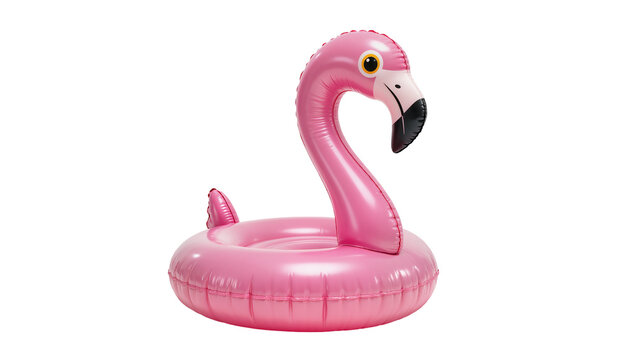 Pink inflatable flamingo pool float with black beak, isolated on transparent background