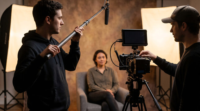 Boom operator repositions a microphone above an interview subject on a video production set