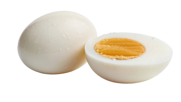 Whole and halved hard-boiled egg with visible water droplets, isolated on transparent background