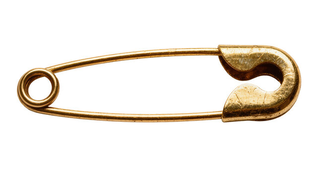Shiny brass safety pin with coiled end, isolated on transparent background