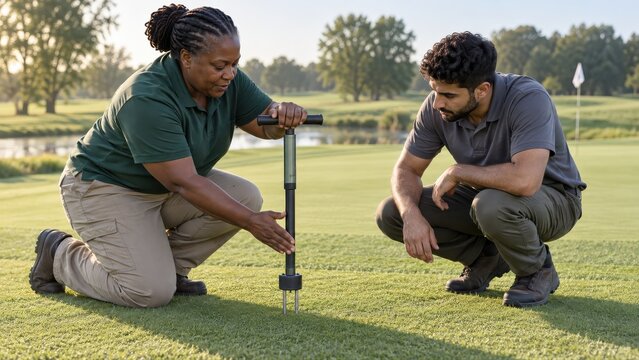 A groundskeeper demonstrates upright soil moisture probe alignment to a colleague during practical golf maintenance training on a sunlit approach
