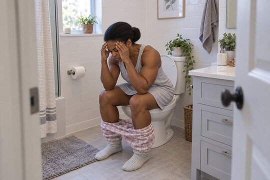 Strong muscular Black African American woman constipated and frustrated on the toilet, hands on forehead