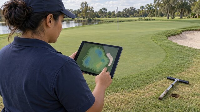 A golf superintendent reviews a colored moisture map on a tablet beside the putting green while a soil sampling tool rests on the collar nearby